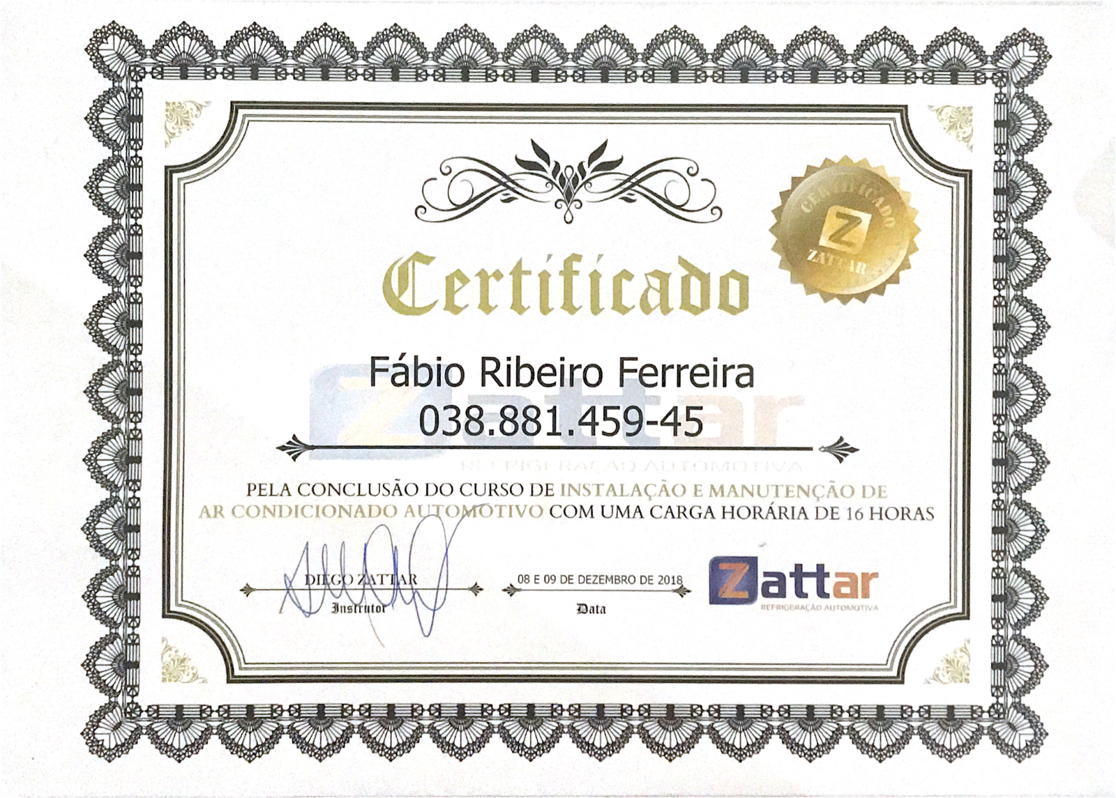 Certificado - Ribeiro Auto-Elétrica e manutenção de ar-condicionado